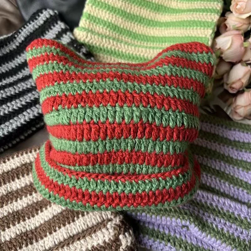 90s Grunge Cat Ears Striped Knitted Beanie - Image 10