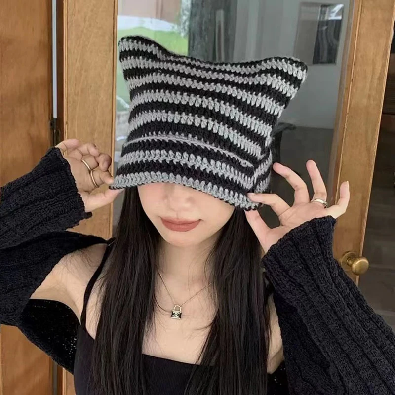 90s Grunge Cat Ears Striped Knitted Beanie - Image 12