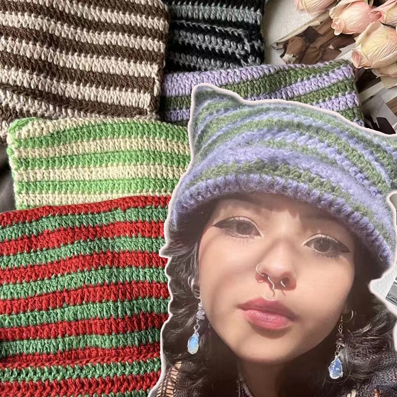 90s Grunge Cat Ears Striped Knitted Beanie - Image 13