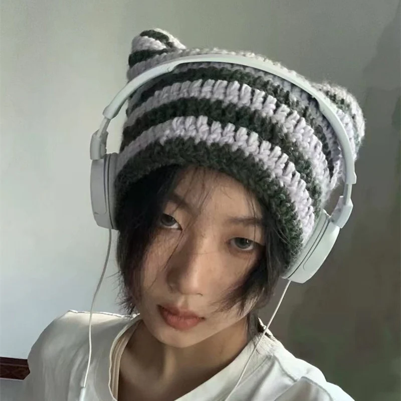 90s Grunge Cat Ears Striped Knitted Beanie - Image 14