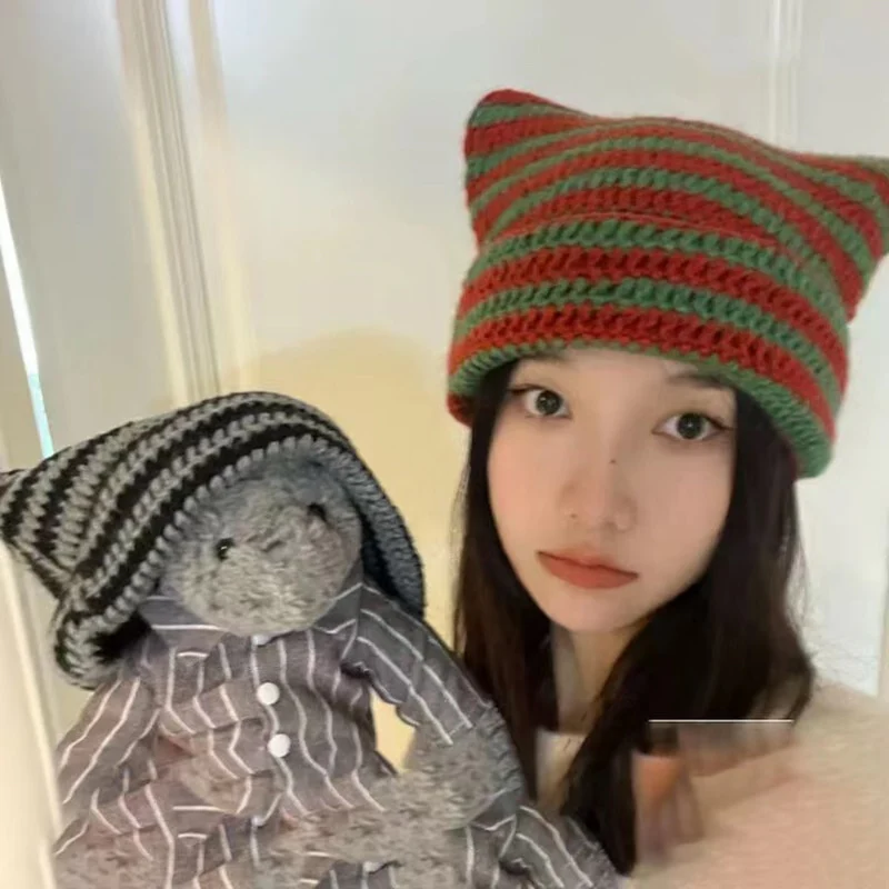 90s Grunge Cat Ears Striped Knitted Beanie - Image 17