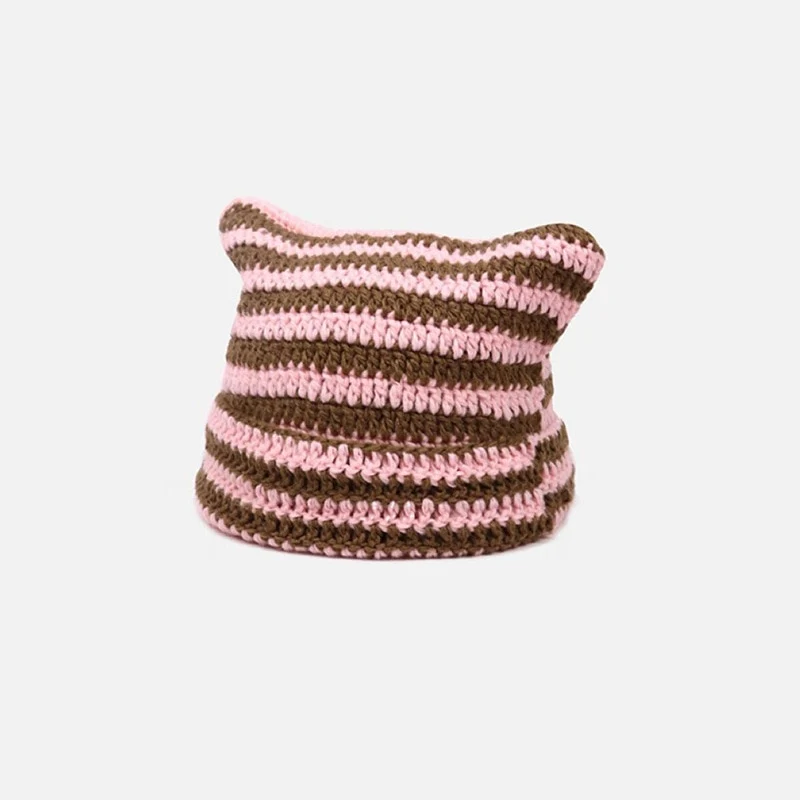 90s Grunge Cat Ears Striped Knitted Beanie - Image 2
