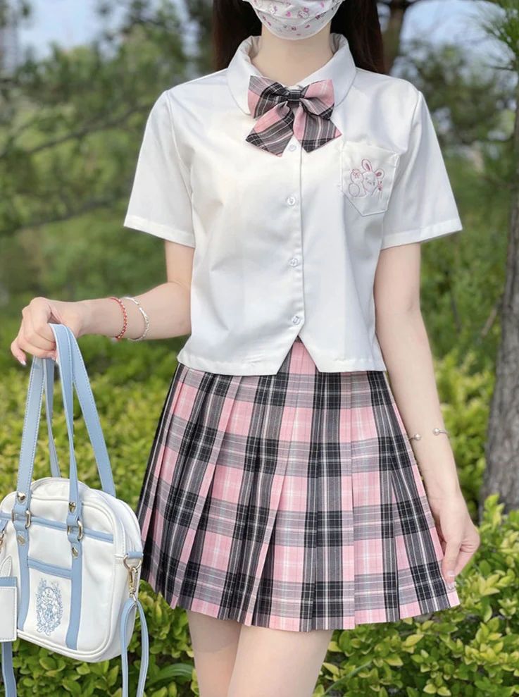 Black Pink Preppy Style Plaid Skirt - Image 5