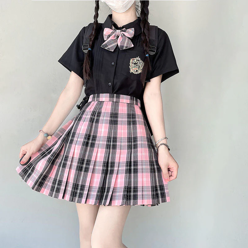 Black Pink Preppy Style Plaid Skirt - Image 6