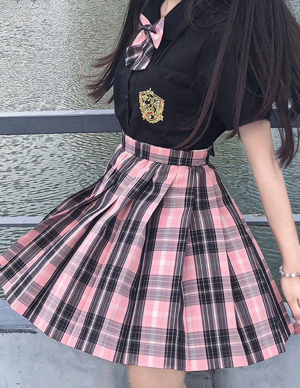 Black Pink Preppy Style Plaid Skirt - Image 7