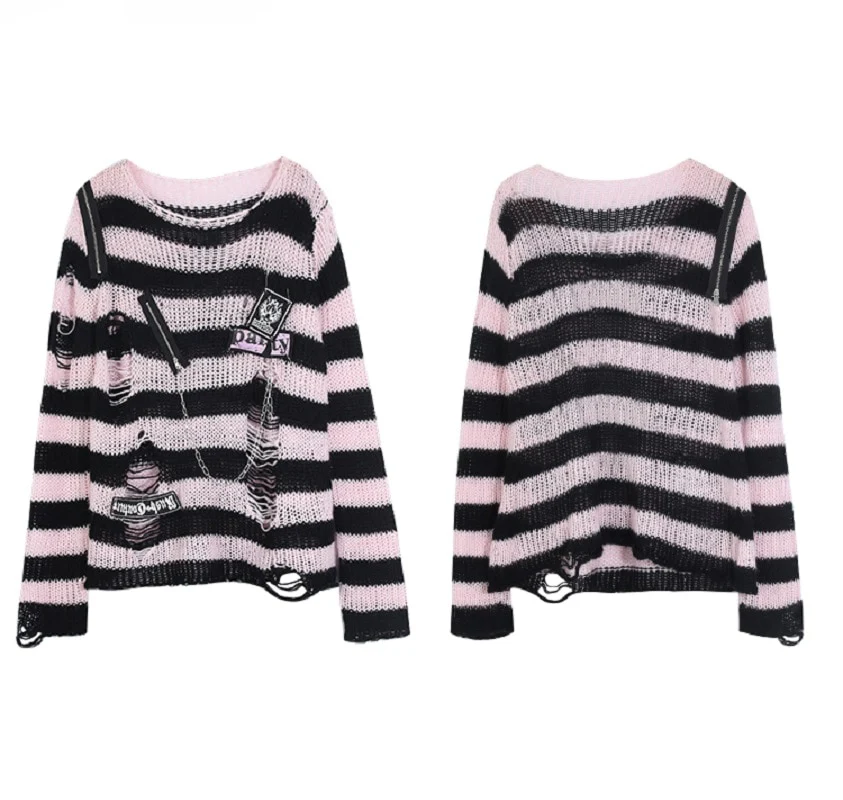 Black Pink Visual Kei Striped Sweater - Image 7