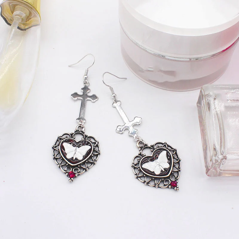 Cross Heart White Butterfly Earrings - Image 4