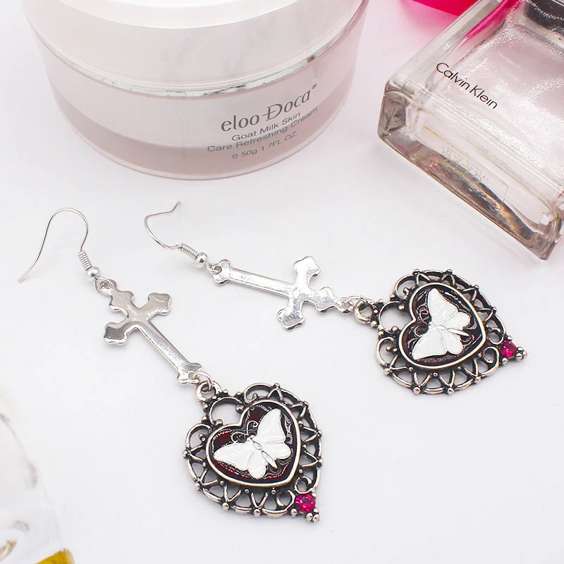 Cross Heart White Butterfly Earrings - Image 5