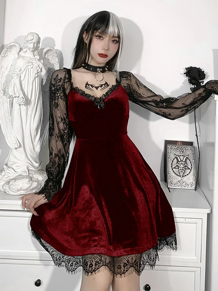 Dark Goth  Velours Vampire A-Line Dress - Image 3
