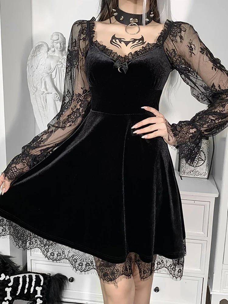 Dark Goth  Velours Vampire A-Line Dress - Image 5