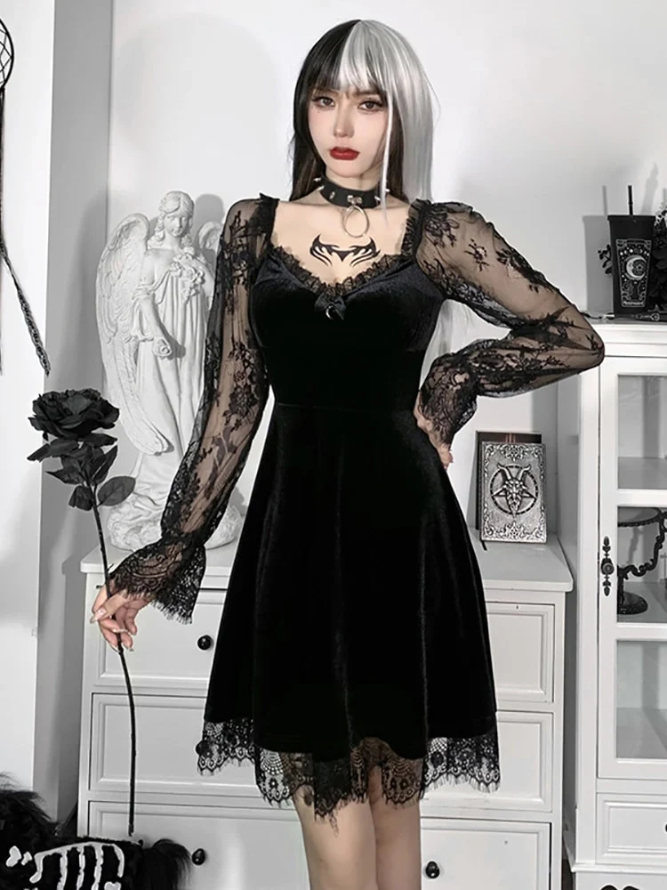 Dark Goth  Velours Vampire A-Line Dress - Image 7
