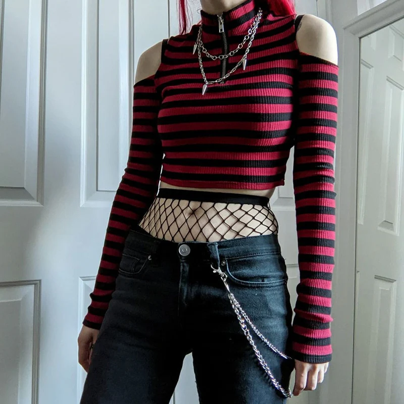 Dark Grunge E-Girl Striped Crop Top - Image 12