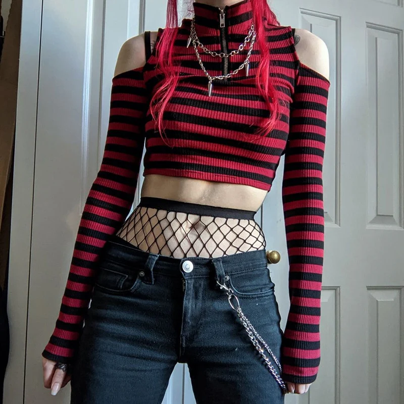 Dark Grunge E-Girl Striped Crop Top - Image 13