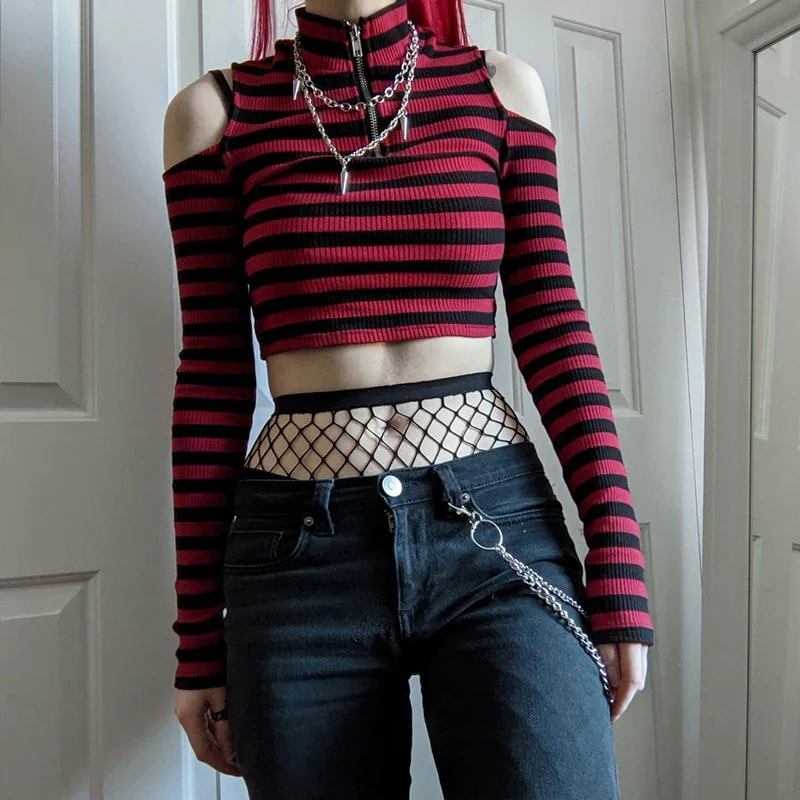 Dark Grunge E-Girl Striped Crop Top - Image 14