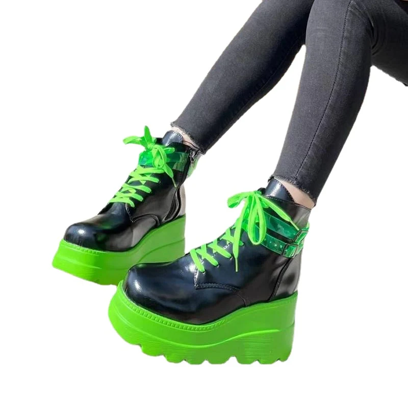 Darkwave Cyber Punk Rave Neon Green Platform Shoes - Image 5