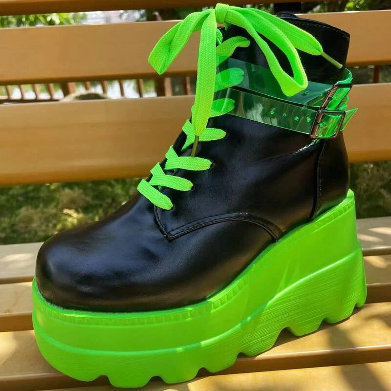 Darkwave Cyber Punk Rave Neon Green Platform Shoes - Image 6