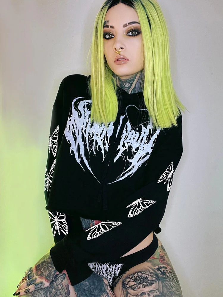 E-Girl Hardcore Print Gothic Crop Hoodie - Image 7