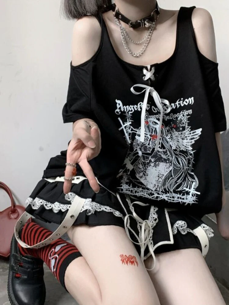 Egirl Dark Grunge Anime Off Shoulder Black T-Shirt - Image 3