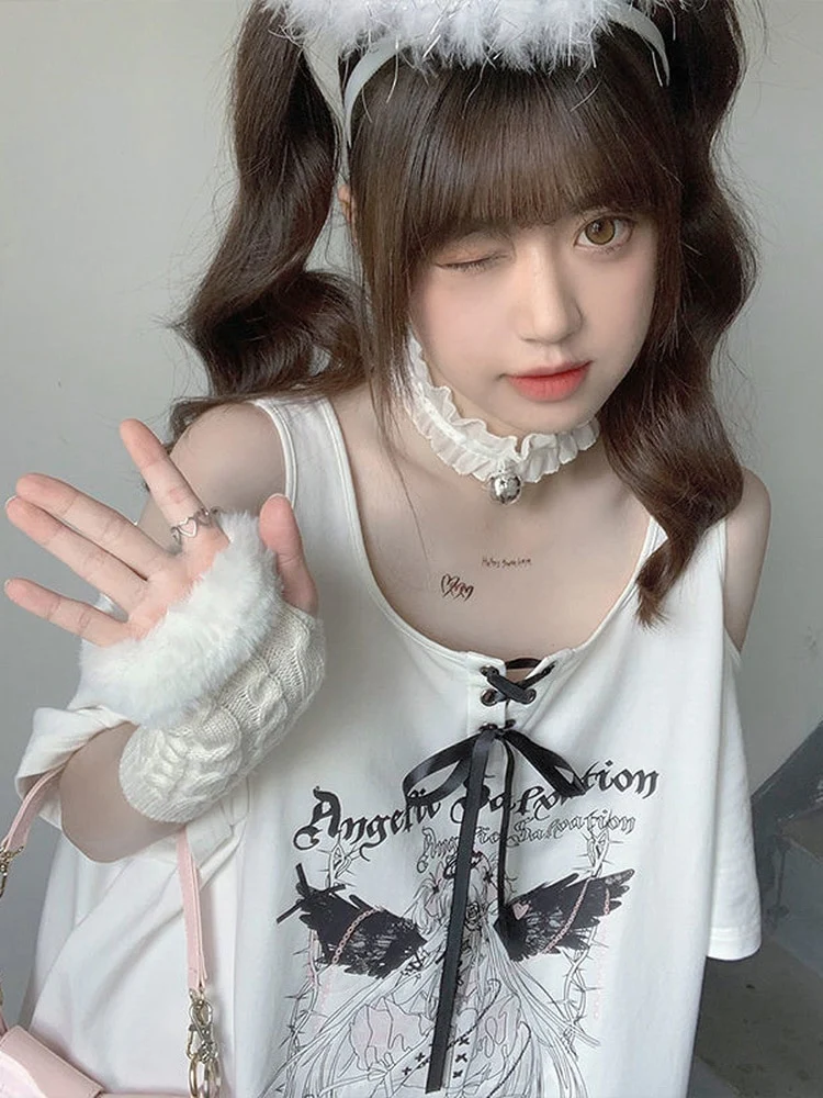 Egirl Dark Grunge Anime Off Shoulder Black T-Shirt - Image 4