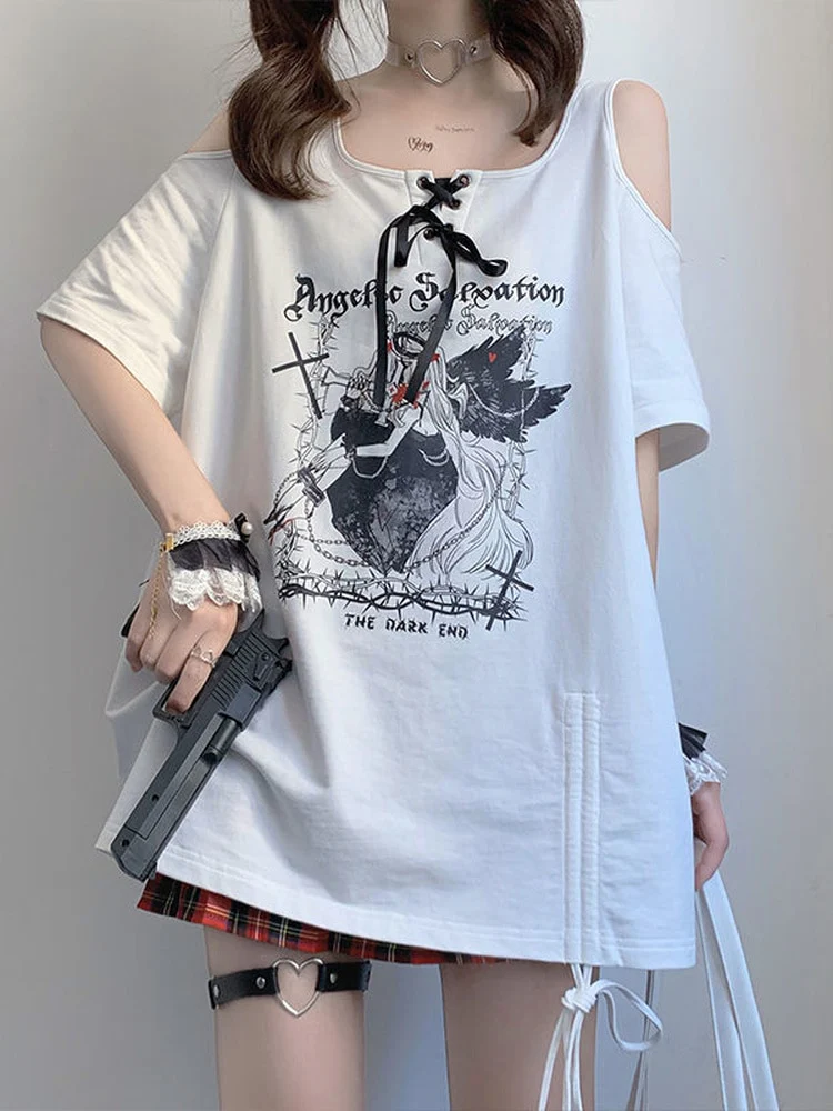 Egirl Dark Grunge Anime Off Shoulder Black T-Shirt - Image 6