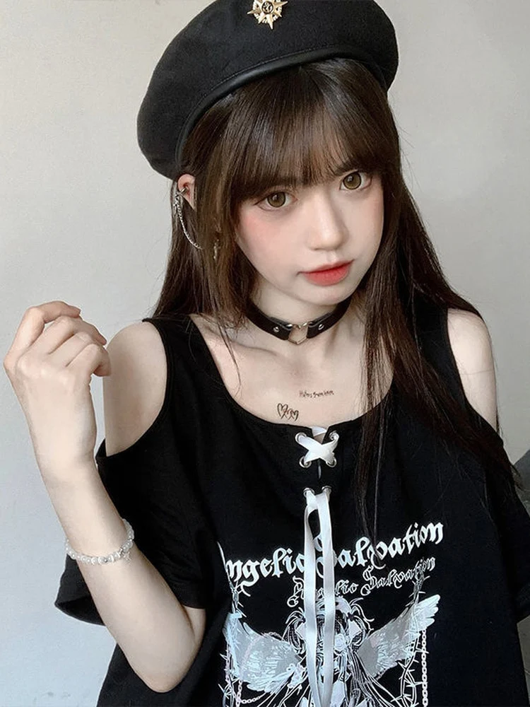 Egirl Dark Grunge Anime Off Shoulder Black T-Shirt - Image 7