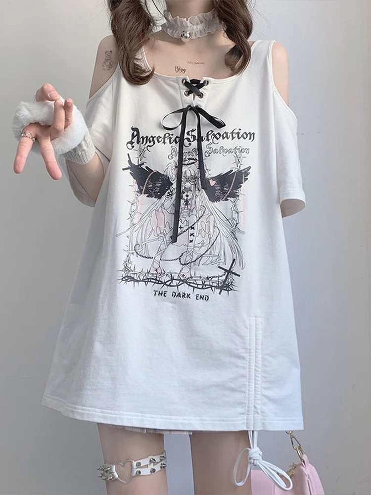 Egirl Dark Grunge Anime Off Shoulder White T-Shirt - Image 5