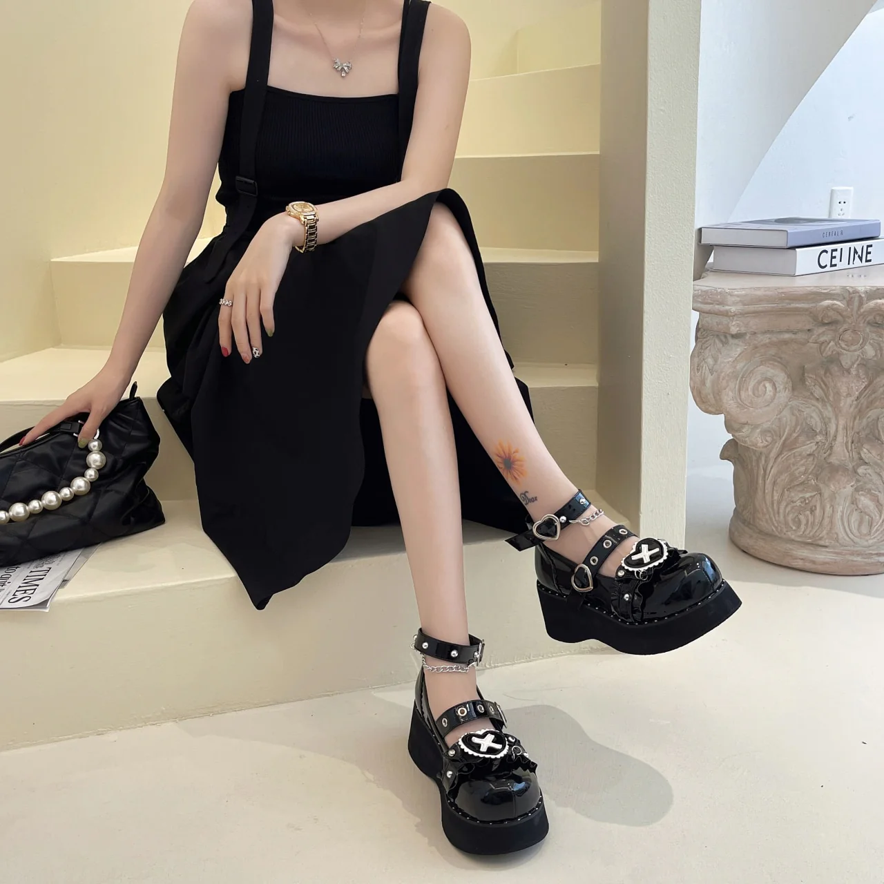 Gothic Lolita Heart Shoes Black White - Image 9