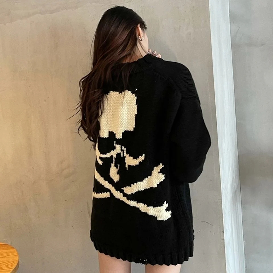 Gothic Skull Print Black Knitted Sweater - Image 2