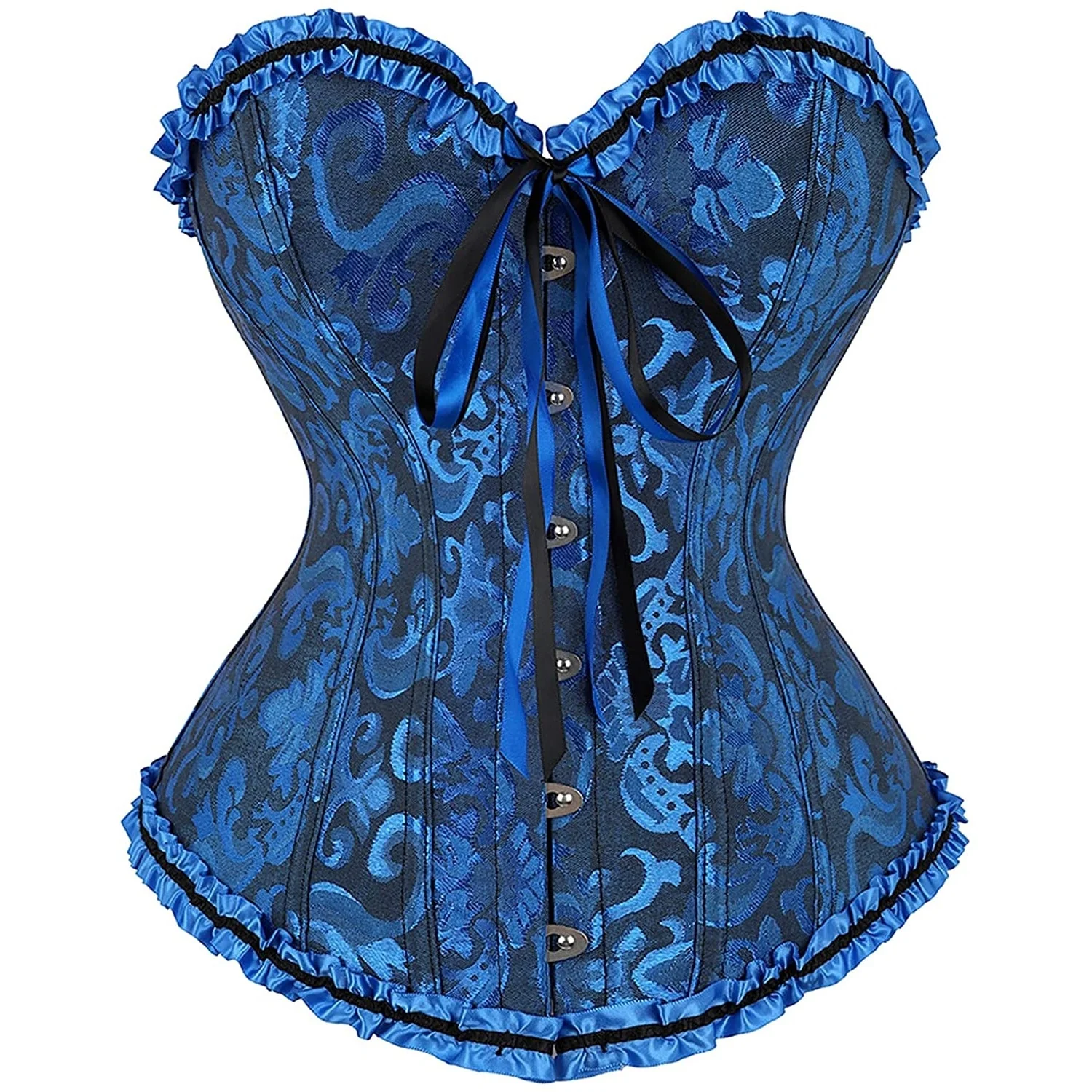 Gothic Vampire Corset Bustier Floral Satin Blue - Image 3