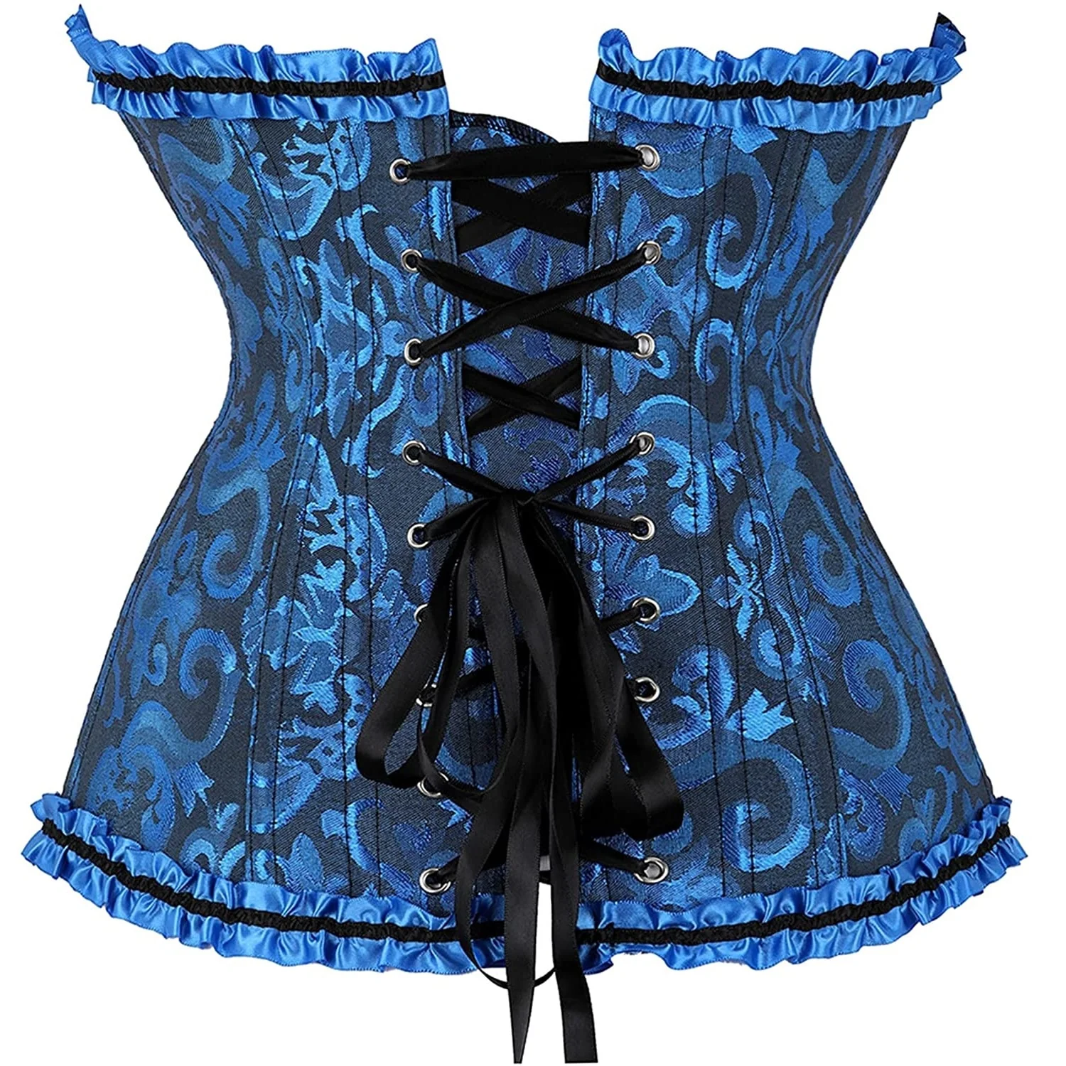 Gothic Vampire Corset Bustier Floral Satin Blue - Image 5