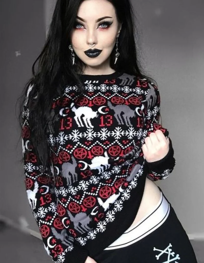 Holiday Christmas Sweater Gothic Cat - Image 2