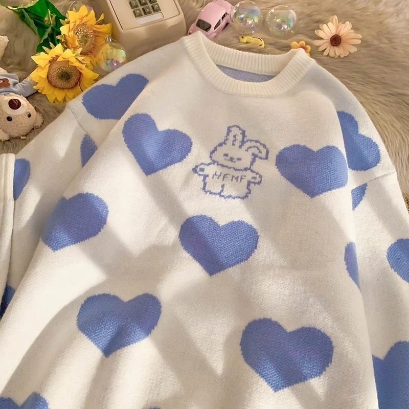 Kawaii Aesthetic Blue Bunny Hearts Sweater