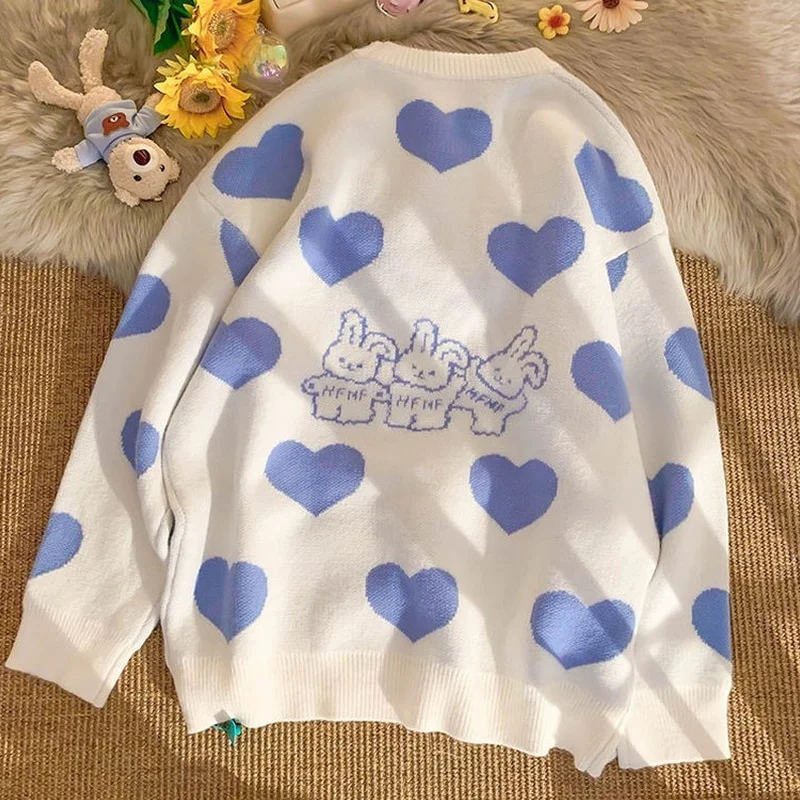 Kawaii Aesthetic Blue Bunny Hearts Sweater - Image 2