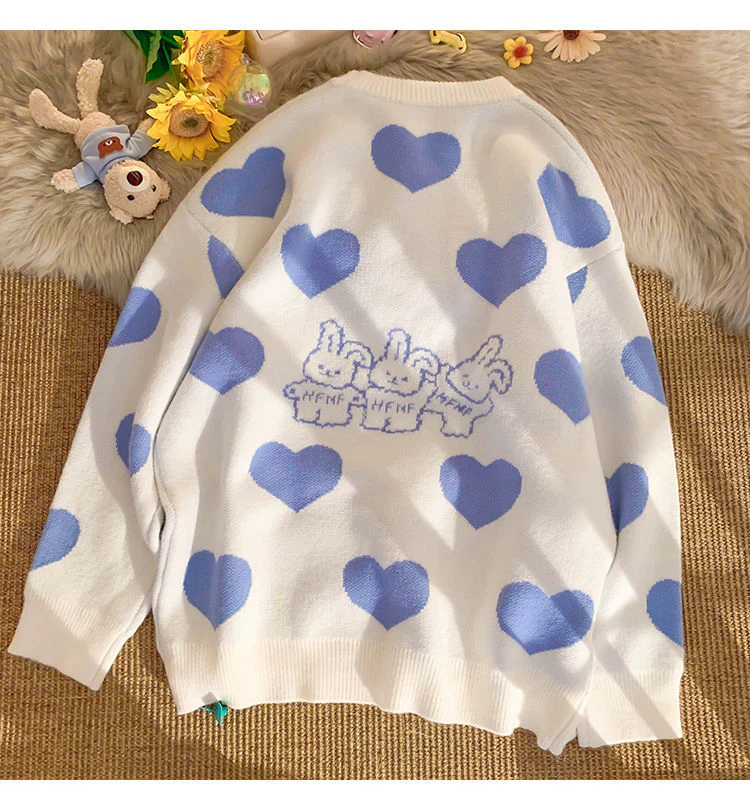 Kawaii Aesthetic Blue Bunny Hearts Sweater - Image 7