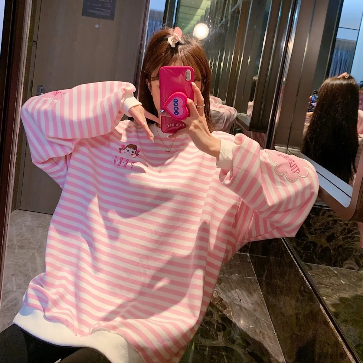 Kawaii Aesthetic White Pink Striped Sweatshirt - Image 7