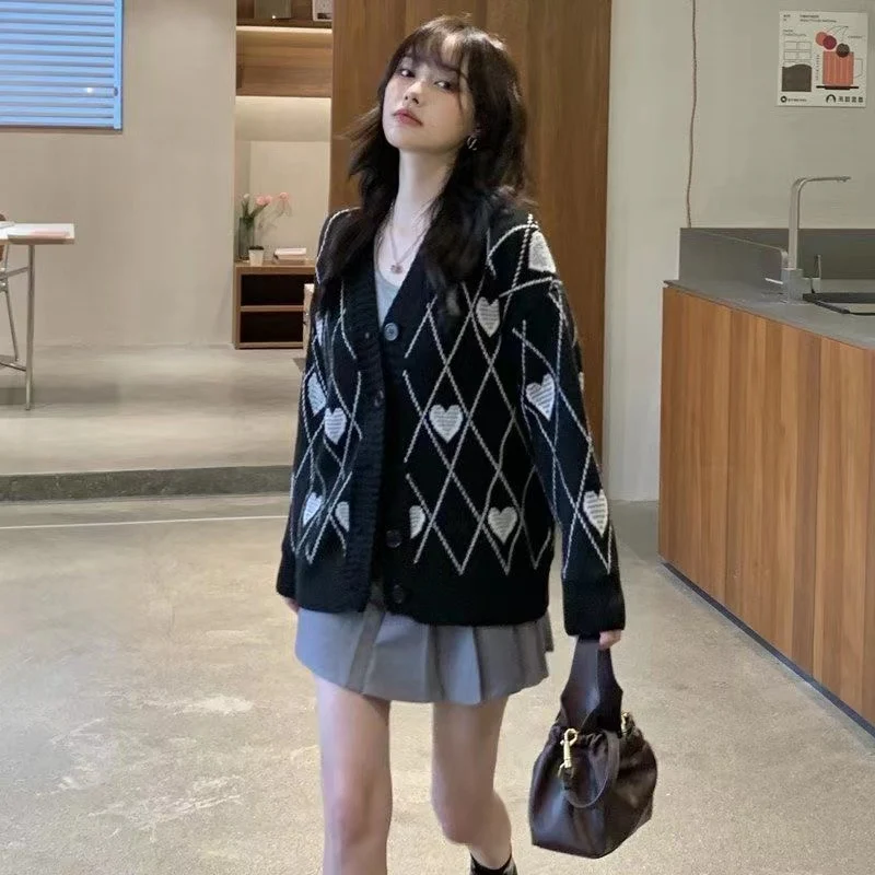 Knitted Cardigan Argyle Heart Sweater - Image 12