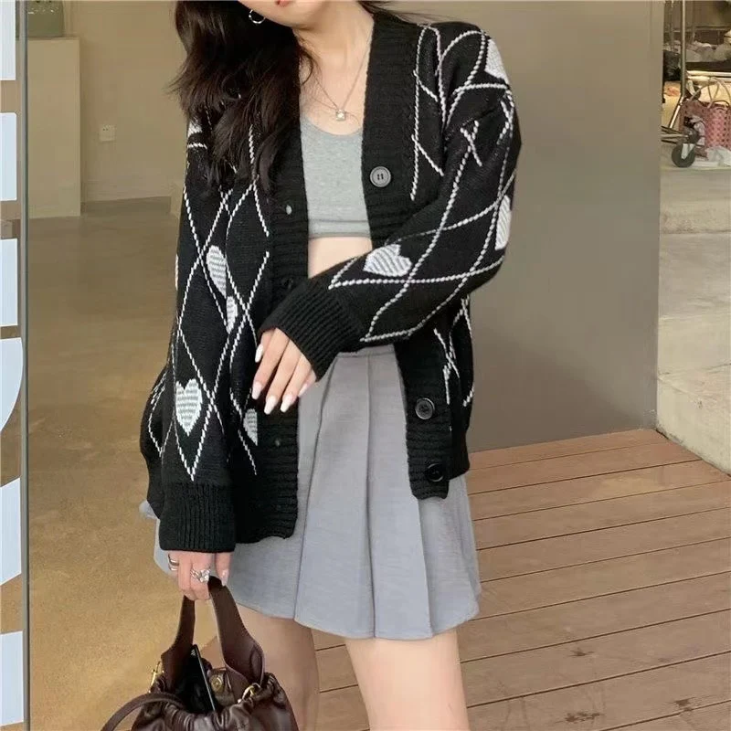 Knitted Cardigan Argyle Heart Sweater - Image 20