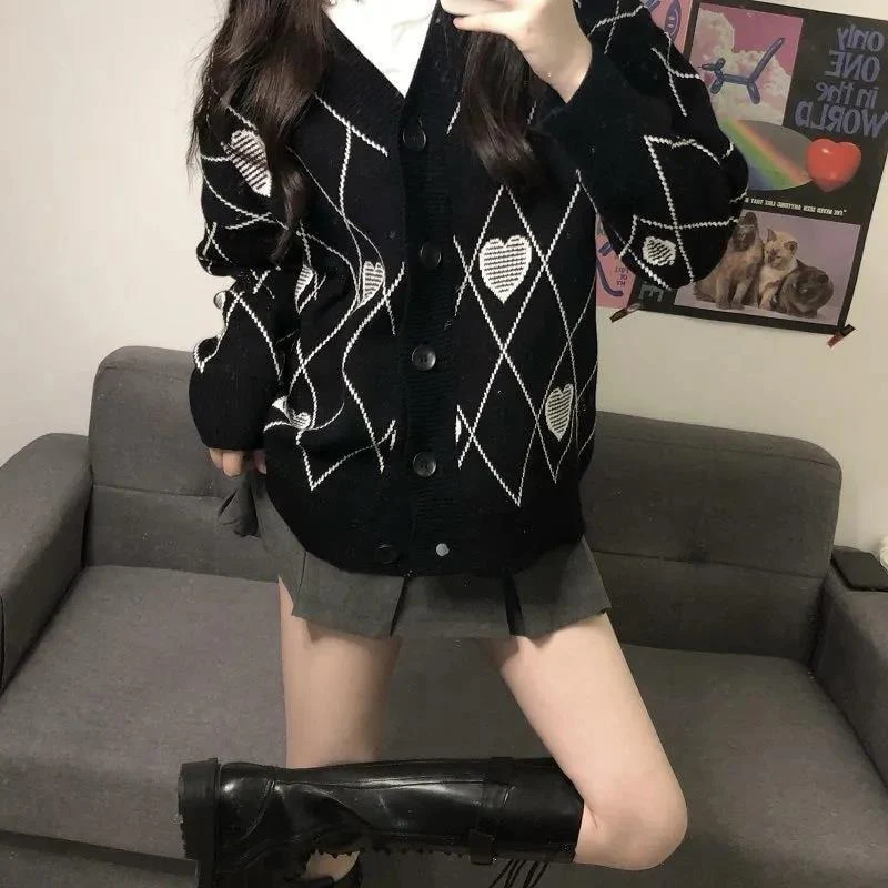 Knitted Cardigan Argyle Heart Sweater - Image 4