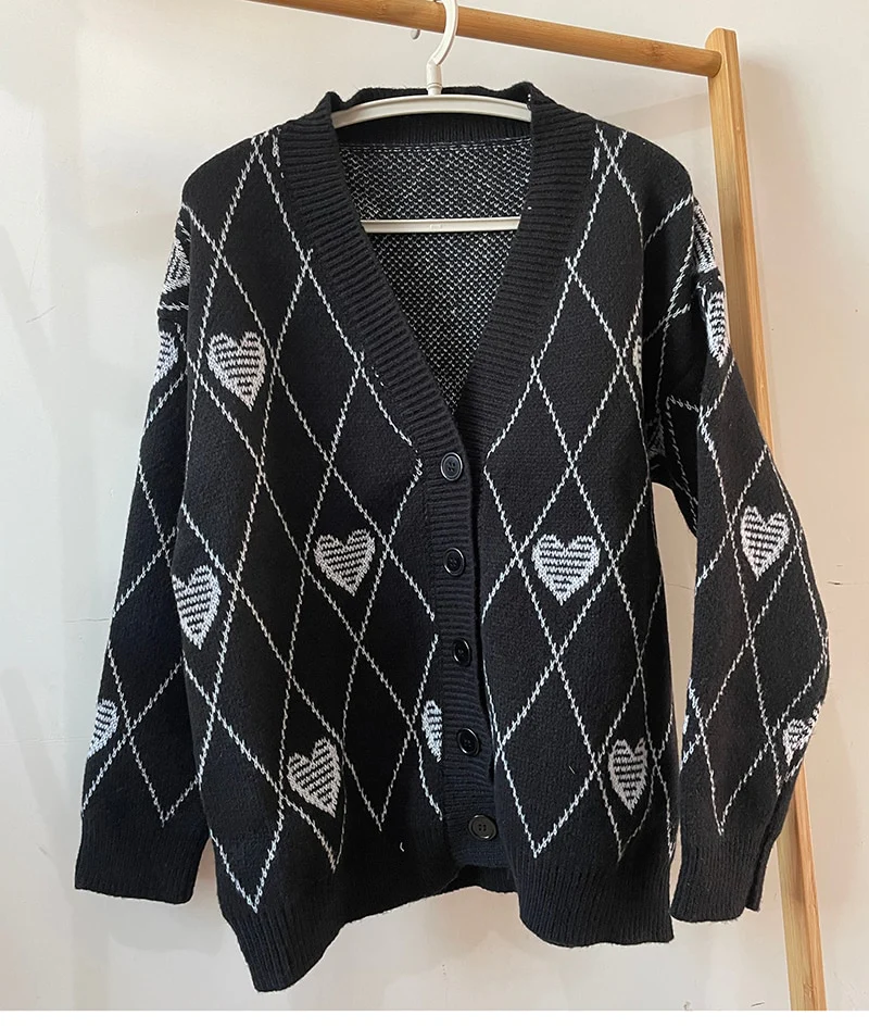 Knitted Cardigan Argyle Heart Sweater - Image 9