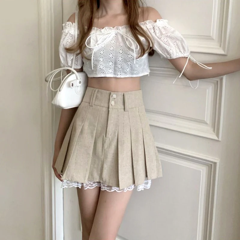 Korean Pleated Skirt Beige Lace Trim - Image 2