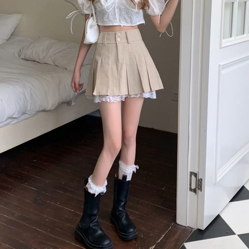 Korean Pleated Skirt Beige Lace Trim - Image 6