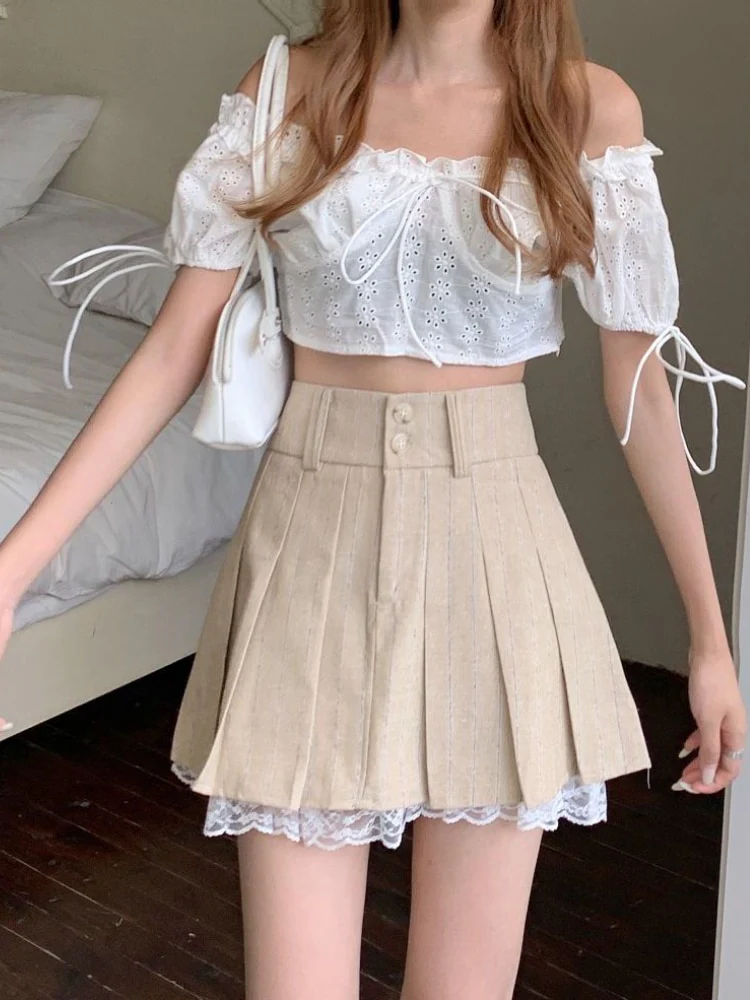 Korean Pleated Skirt Beige Lace Trim - Image 7