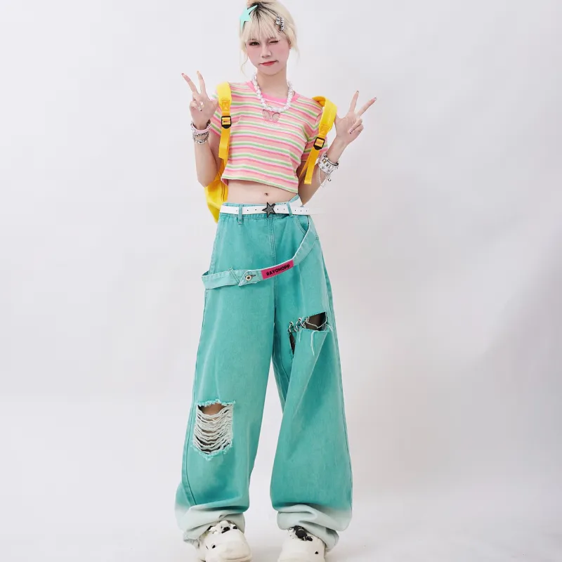 Korean Streetwear Baggy Jeans Teal Blue - Image 2