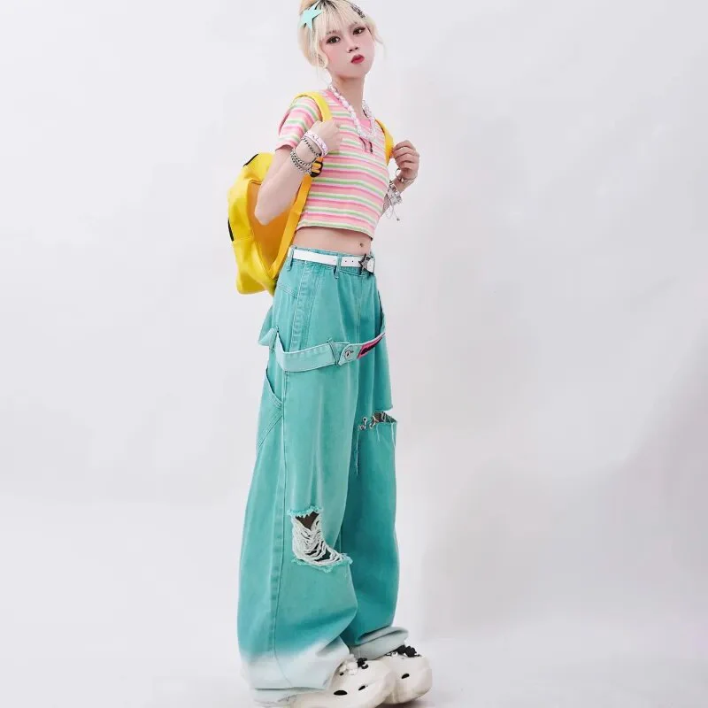Korean Streetwear Baggy Jeans Teal Blue - Image 3