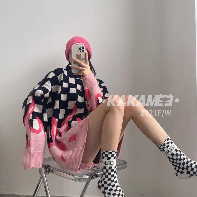 Korean Streetwear Flame Sweater Black Pink - Image 3