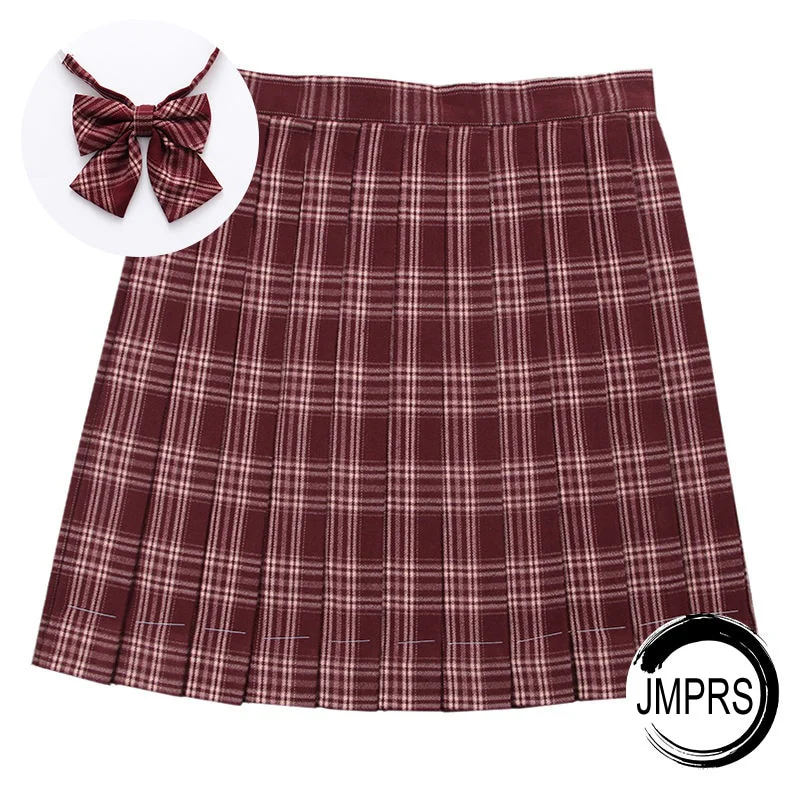 Preppy Pleated Plaid Skirt with Bow Dark Red - Image 2