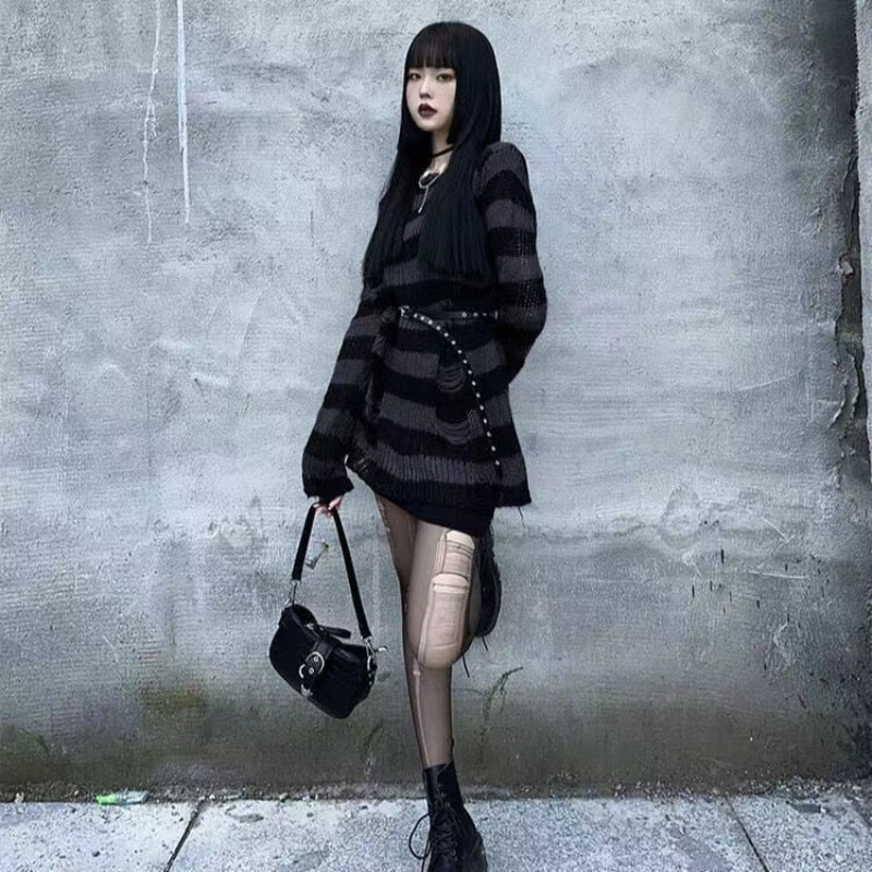 Punk Dark Grunge Egirl Long Striped Sweater Green Gradient - Image 4