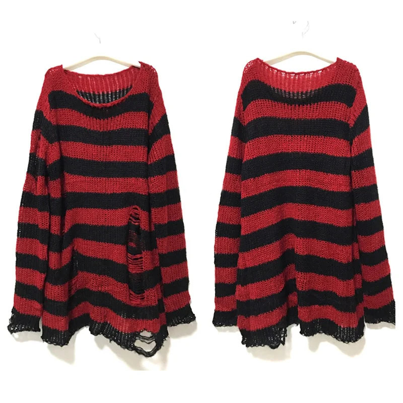 Punk Dark Grunge Egirl Long Striped Sweater Green Gradient - Image 6