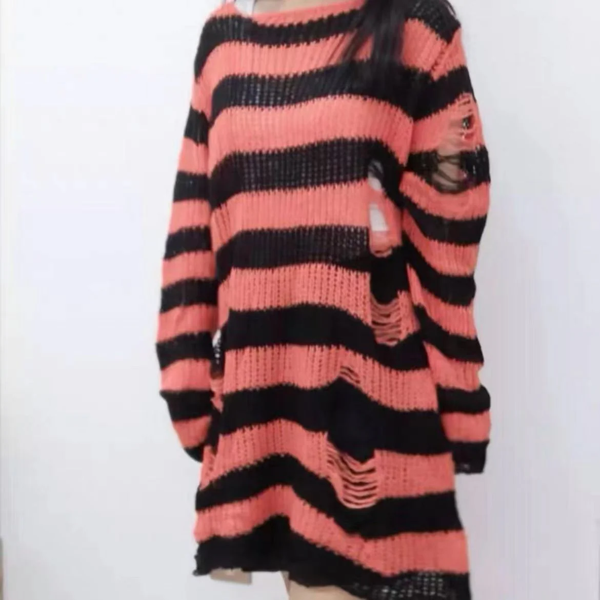 Punk Dark Grunge Egirl Long Striped Sweater Orange - Image 2