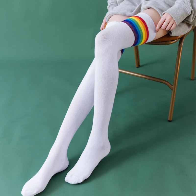 Rainbow Thigh High Tube Socks - White - Image 4